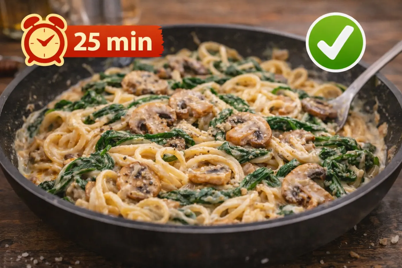 Pâtes aux champignons et épinards : recette rapide 25 minutes