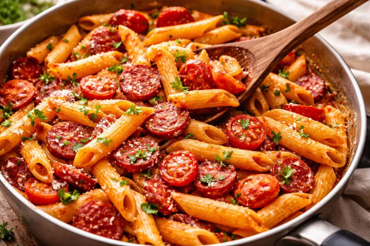 Pâtes au chorizo prêtes en 15 minutes, un régal pour toute la famille