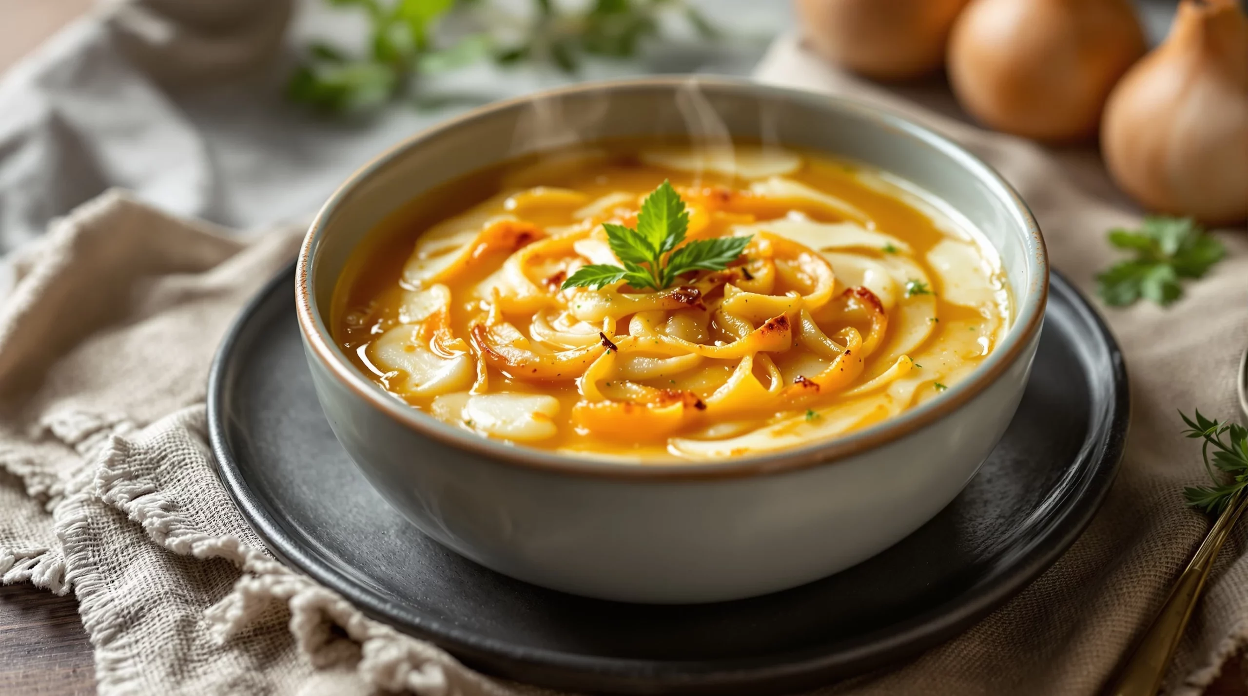 Soupe à l'oignon gratinée : le bouillon et le fromage en croûte