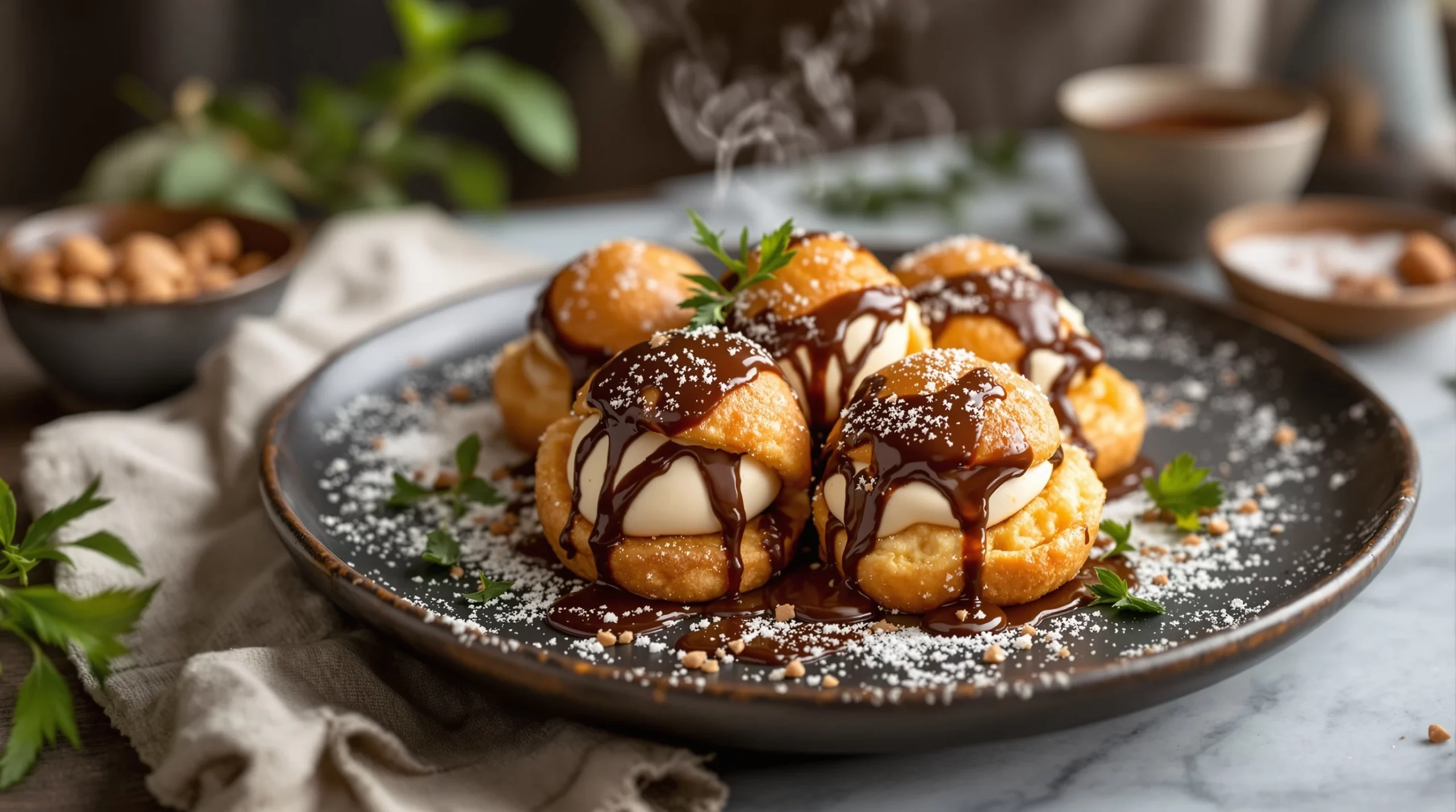 Profiteroles au chocolat : choux, glace vanille et sauce chaude