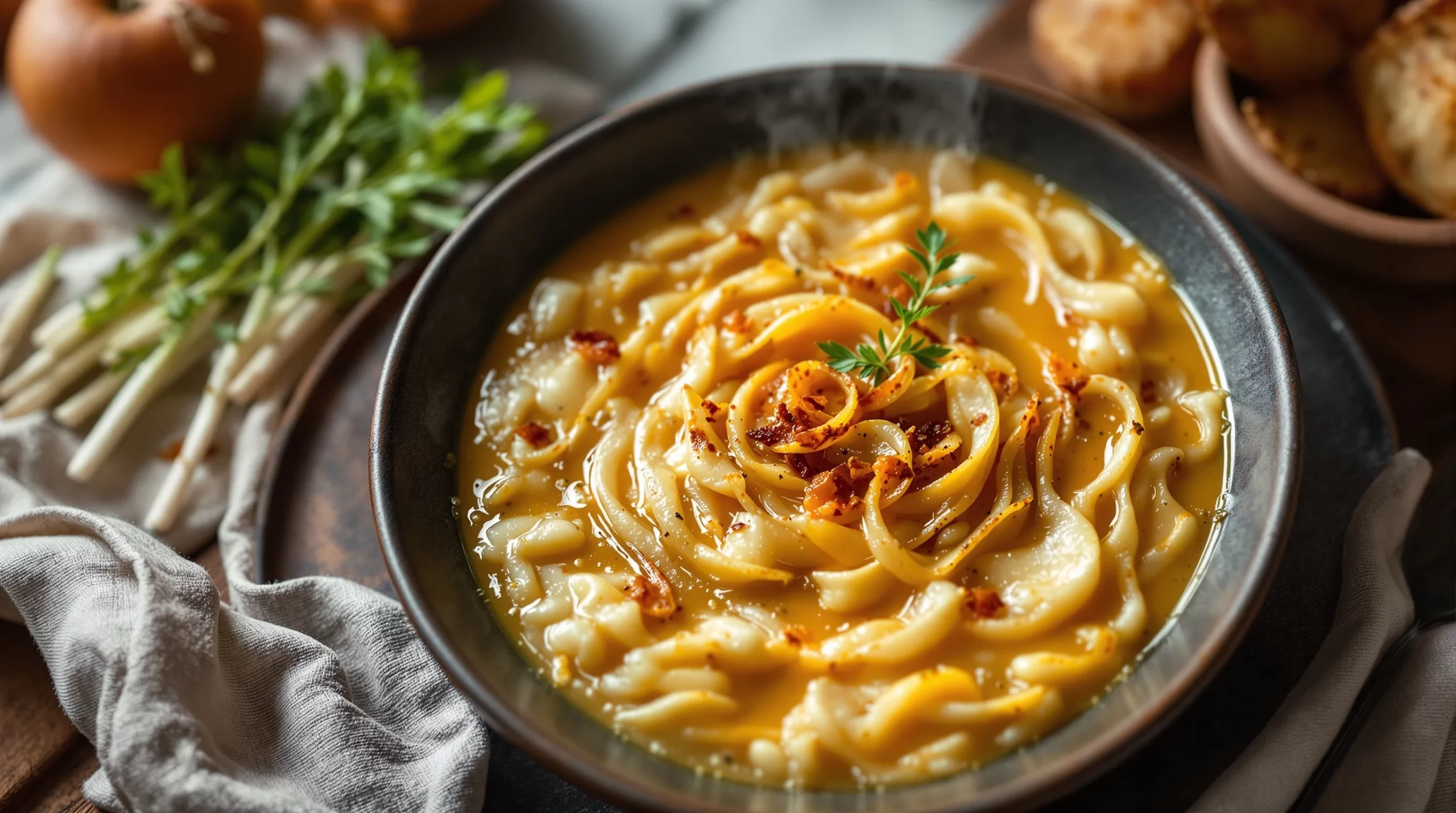 Soupe à l'oignon gratinée : le bouillon et le fromage en croûte